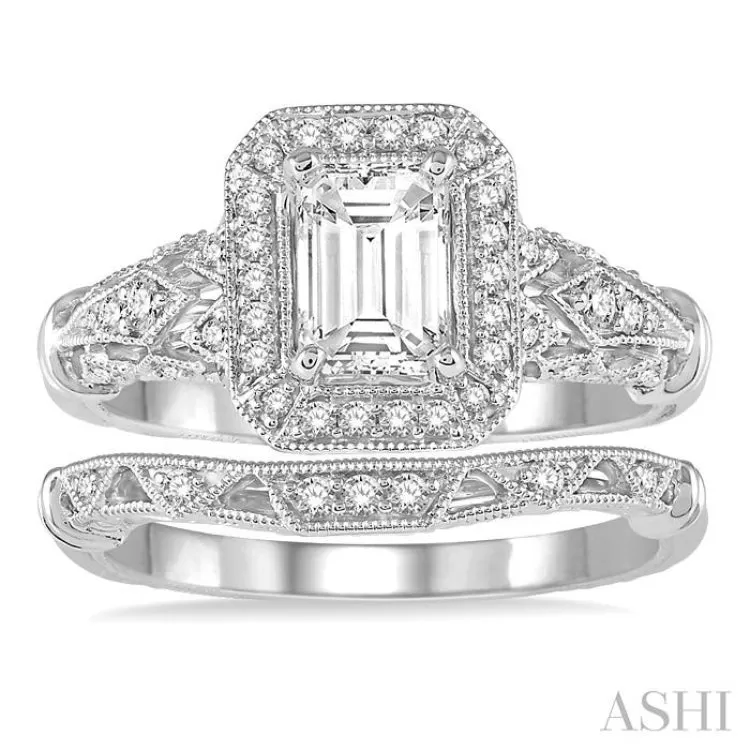 1 1/10 ctw Diamond Wedding Set with 1 Ctw Octagon Cut Engagement Ring and 1/20 Ctw Wedding Band in 14K White Gold