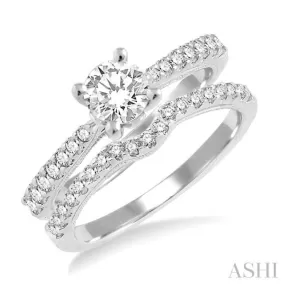 1 1/10 ctw Diamond Wedding Set with 3/4 Ctw Round Cut Engagement Ring and 1/4 Ctw Wedding Band in 14K White Gold