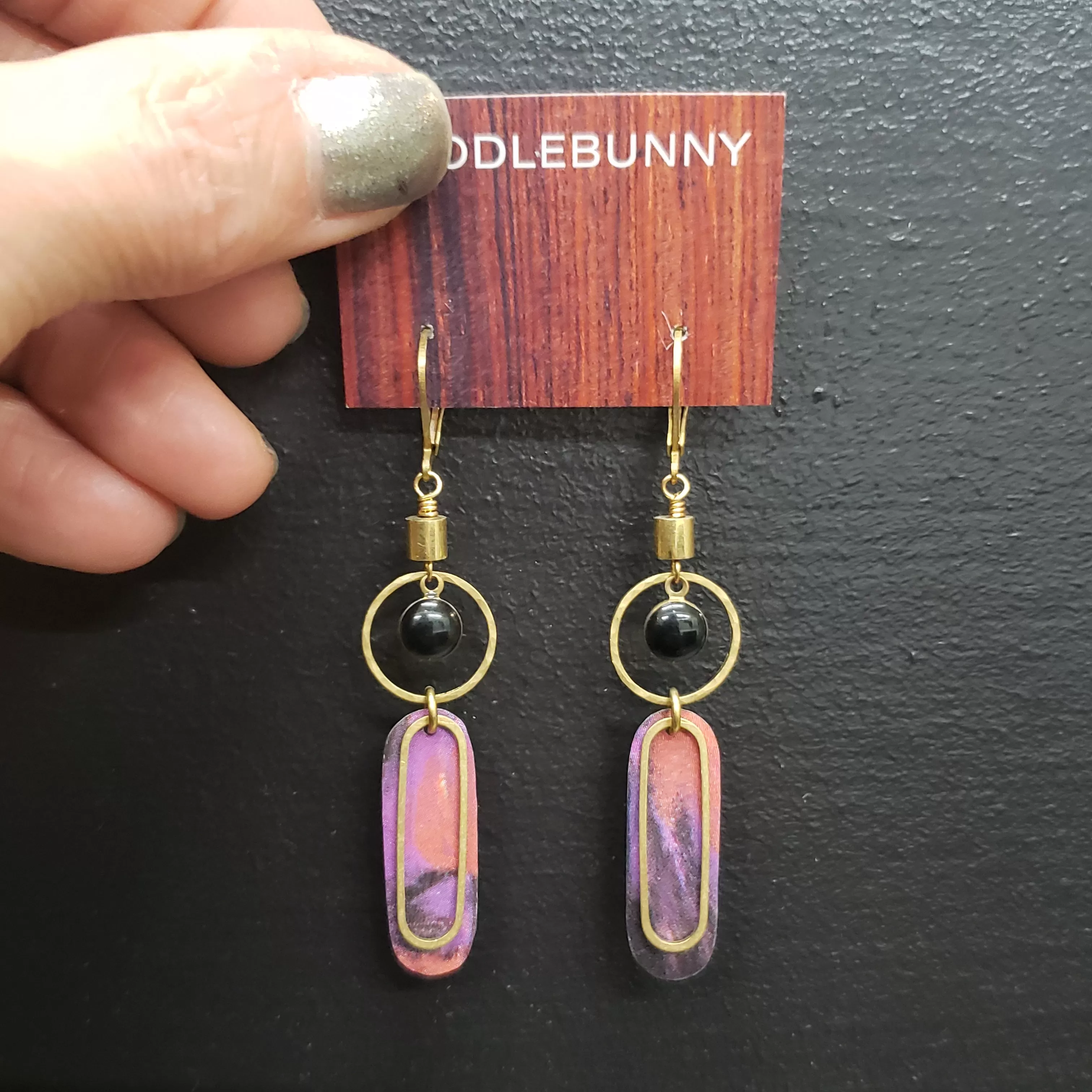 Abstract Brass Eye Earrings - Pinks