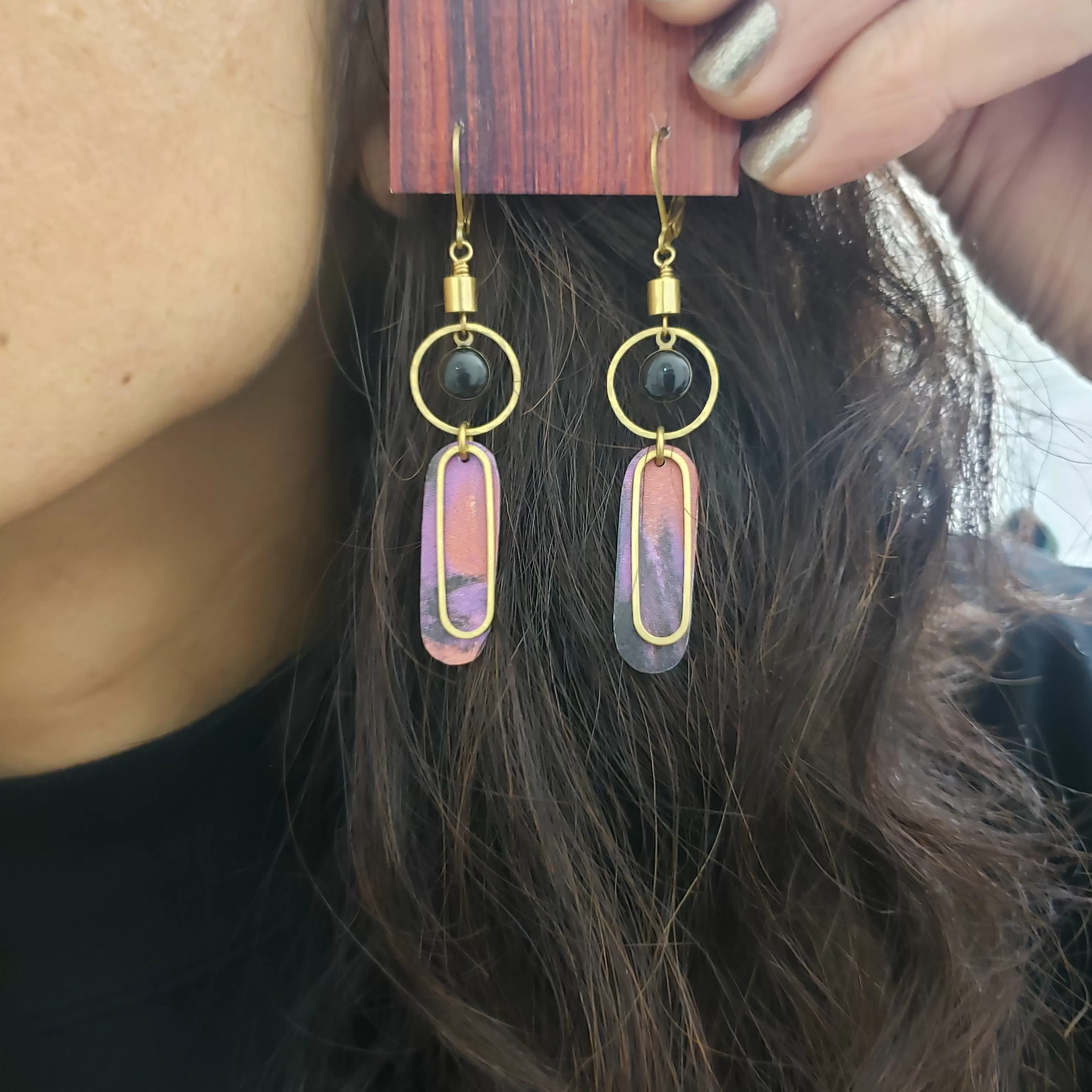 Abstract Brass Eye Earrings - Pinks