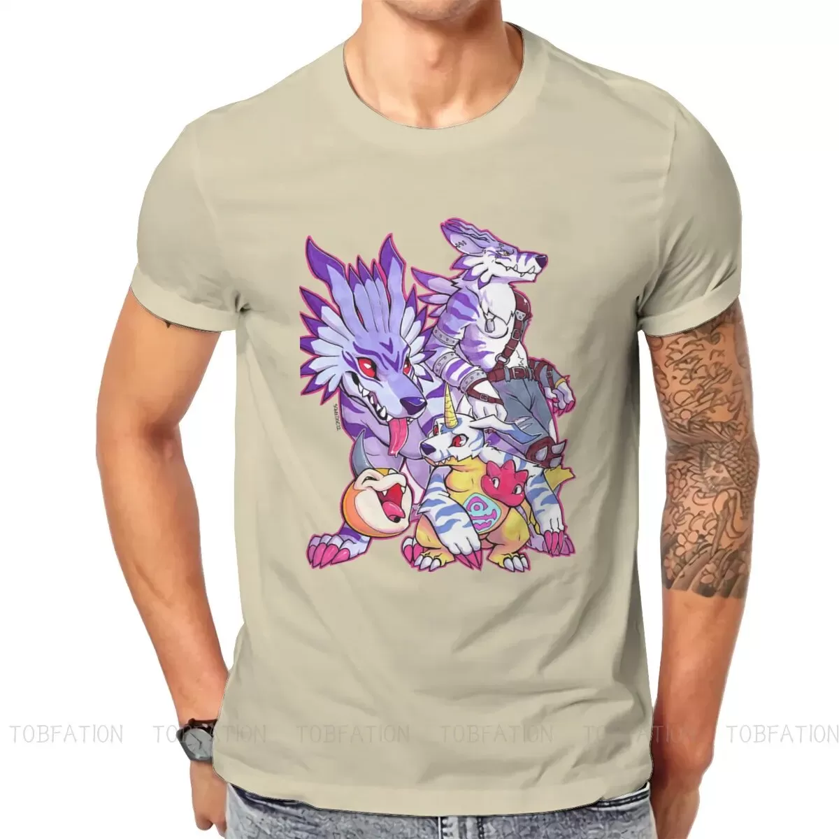 Anime Digimon Adventure Digital Monster Squeedge Oversized Cotton Men's Summer T-Shirt Harajuku Round Neck Tee Shirt