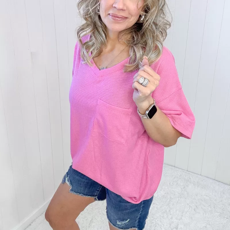 Back Together Pink Waffle Knit V-Neck Short Sleeve Top