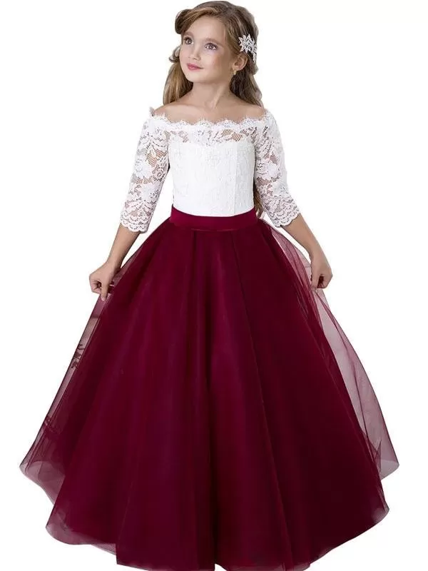 Bateau Neck Aline Flower Girl Dresses  Tulle 3/4 Length Sleeves Floor Length Princess Kids Party Dresses