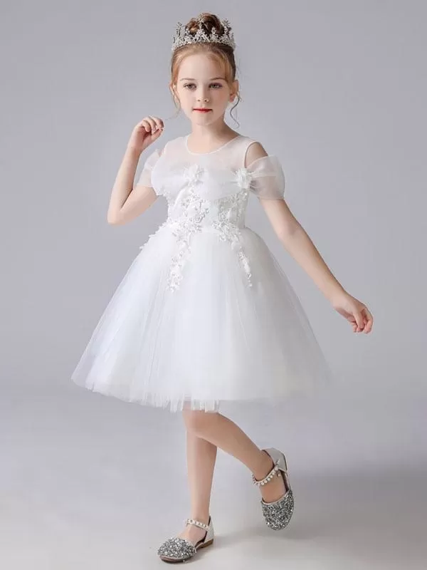 Beautiful Sleeveless Pink Flower Girl Dresses Jewel Neck Lace Short Pageant Dresses for Kids