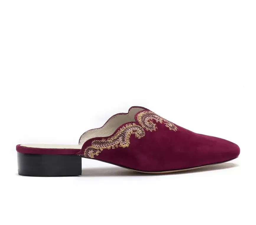 Bettye Muller  Women's •Fortune• Embroidered  Kid Suede  Mule 9M Wine