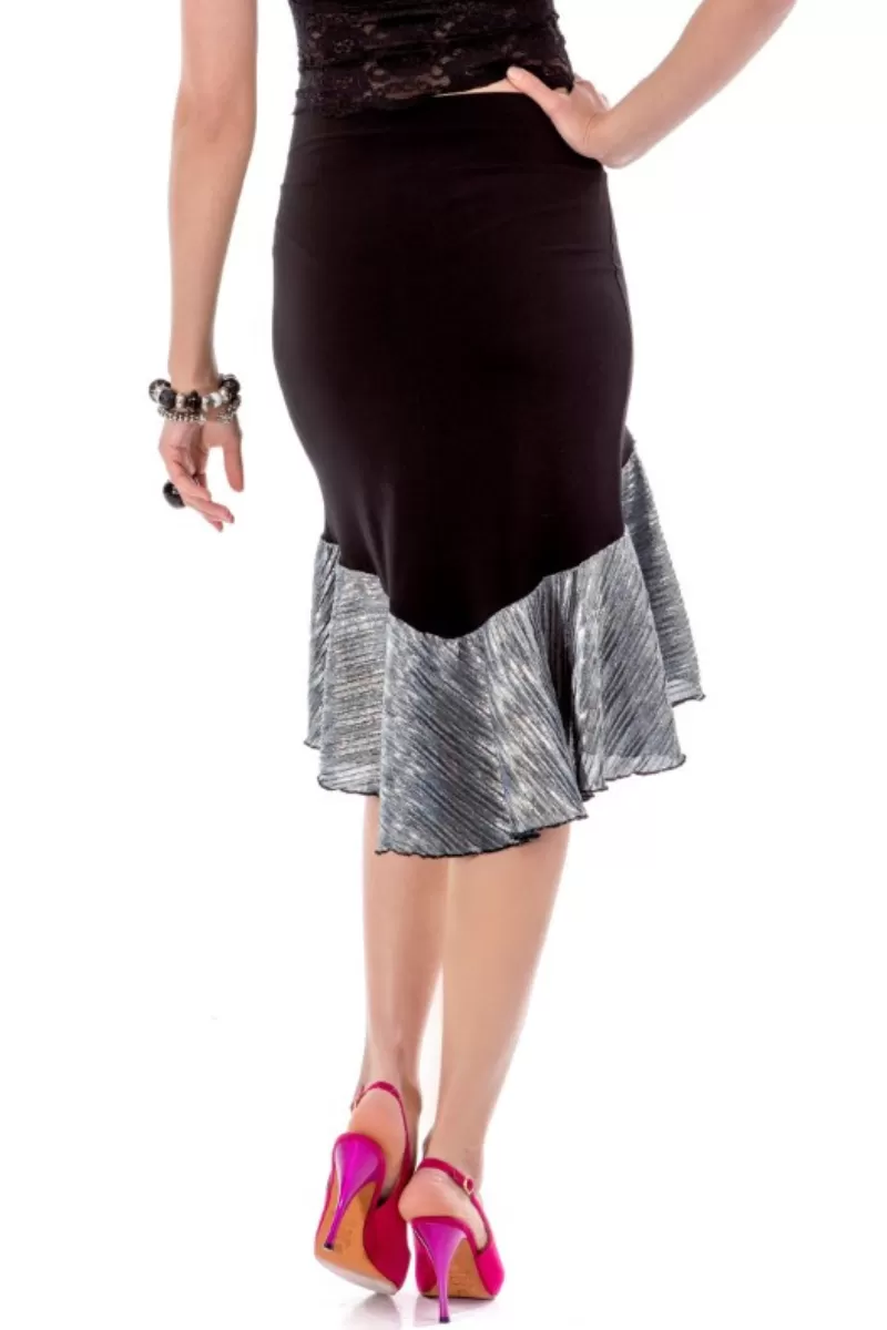 Black Asymmetric Skirt with Rich Silver Ruffles