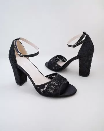 Black Crochet Lace Evening Block Heel Sandals