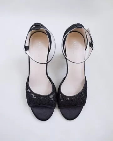 Black Crochet Lace Evening Block Heel Sandals