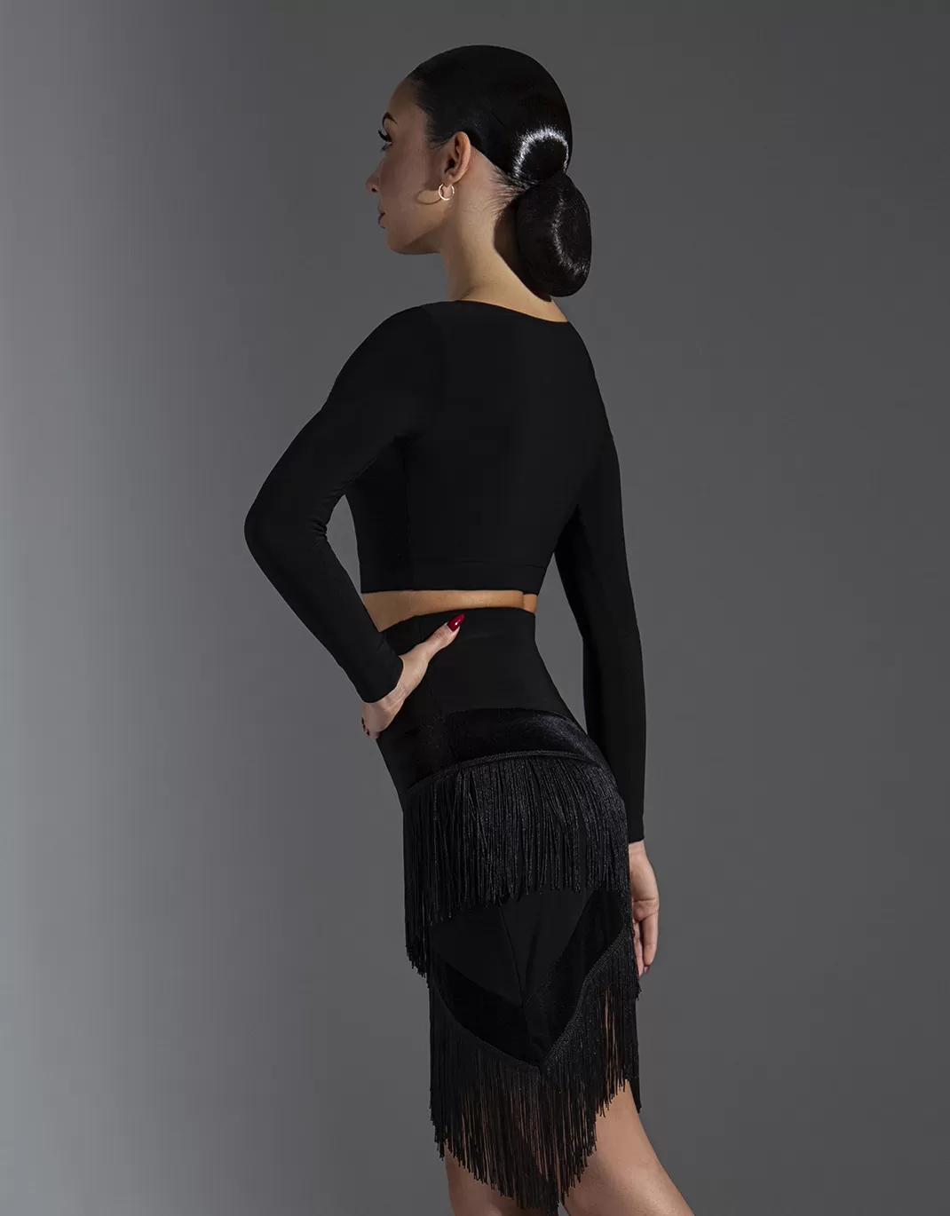 Black Latin Practice Skirt with Diagonal Cut Fringe, Velvet Accents, and Cross Pattern Cut PRA 632_sale