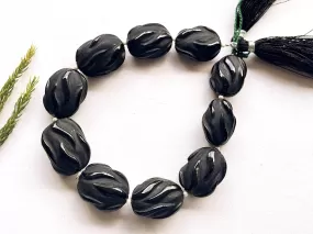 Black Onyx Carved Frosted Beads, 10 Pieces