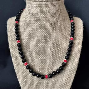 Black Onyx Red and Silver Mens Beaded Necklace