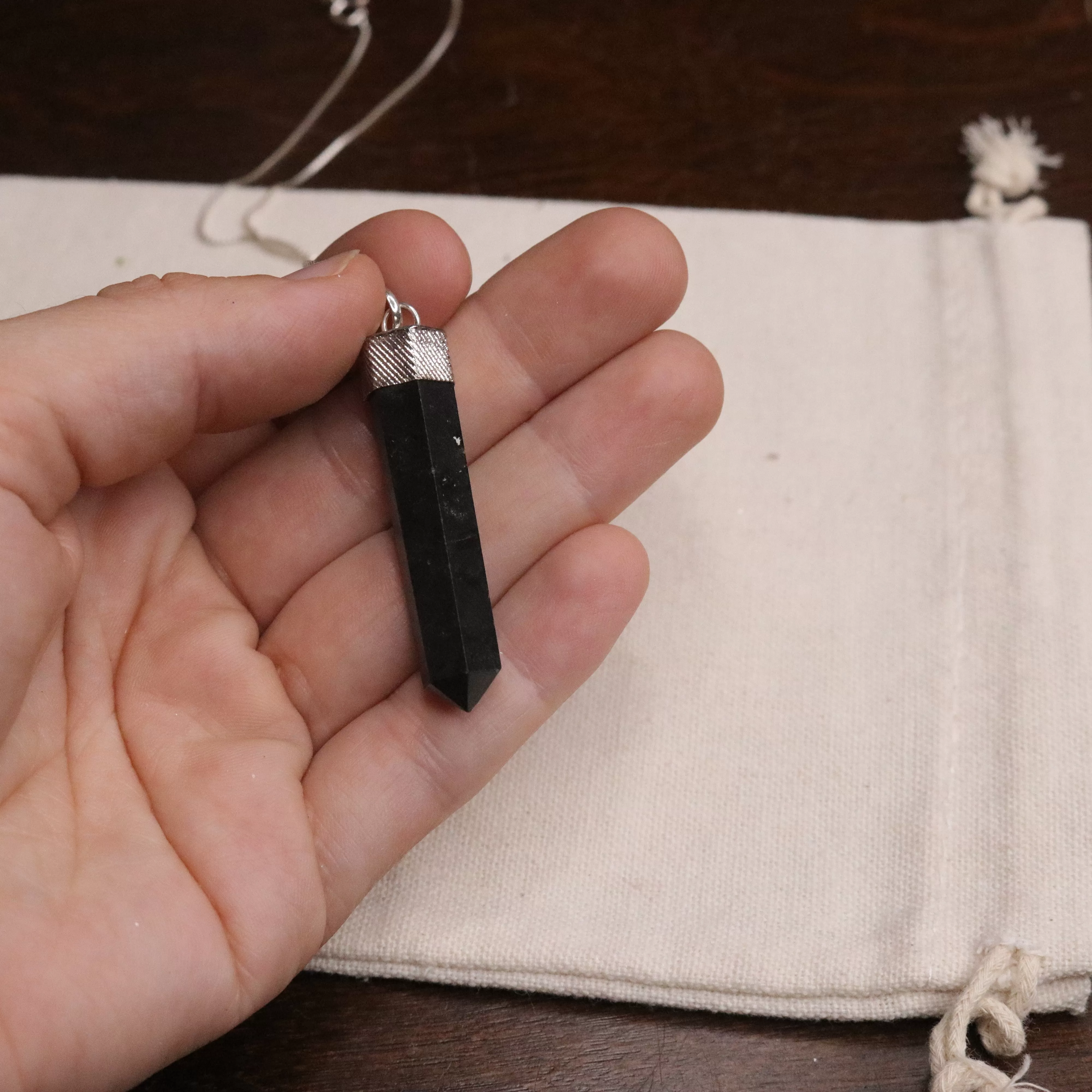 Black Tourmaline Pendant with Sterling Silver Necklace Chain