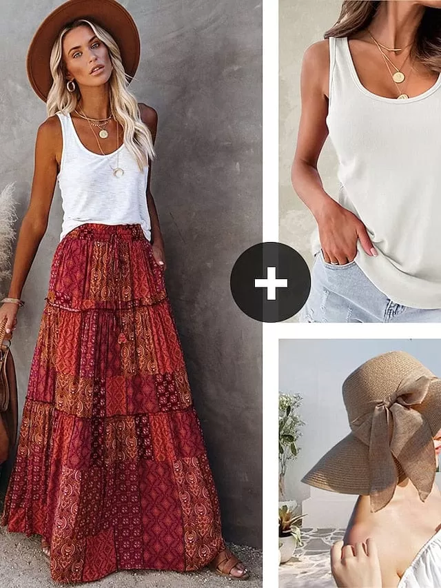 Bohemian 3-Piece Maxi Skirt, Tank Top, and Summer Hat Set