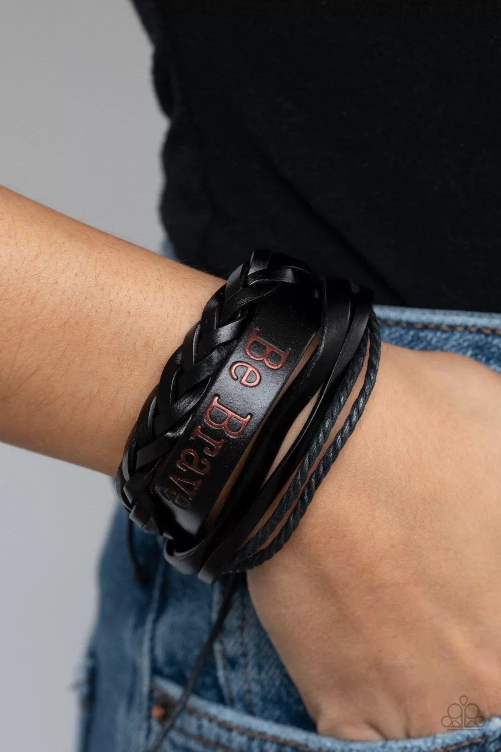 Brave Soul Black Leather Inspirational Urban Sliding Knot Bracelet - Paparazzi Accessories