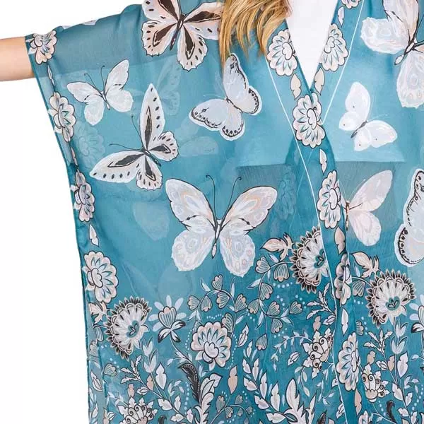 Butterfly And Flower Print Kimono Poncho