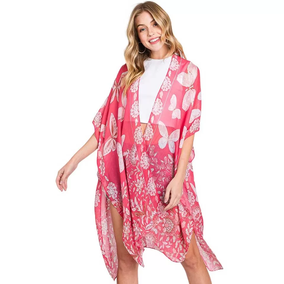 Butterfly And Flower Print Kimono Poncho