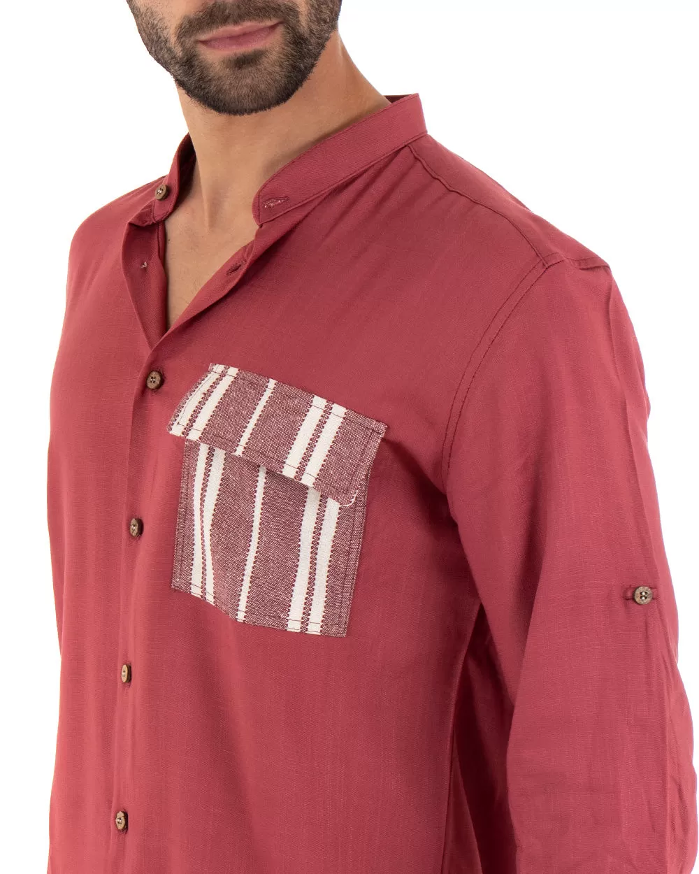 Camicia Uomo Collo Coreano Manica Lunga Regular Fit Viscosa Morbida Rosso GIOSAL-C2411A