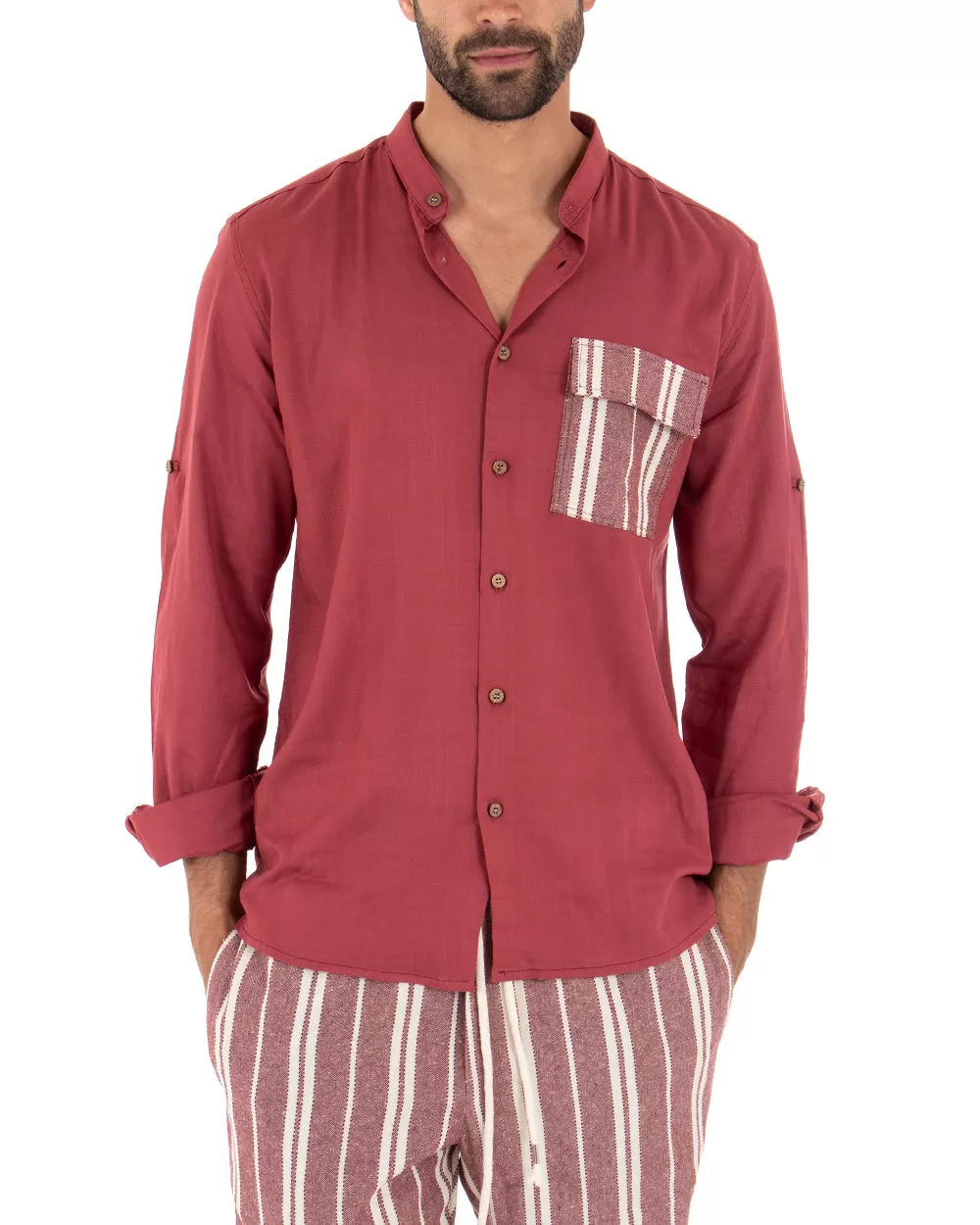 Camicia Uomo Collo Coreano Manica Lunga Regular Fit Viscosa Morbida Rosso GIOSAL-C2411A