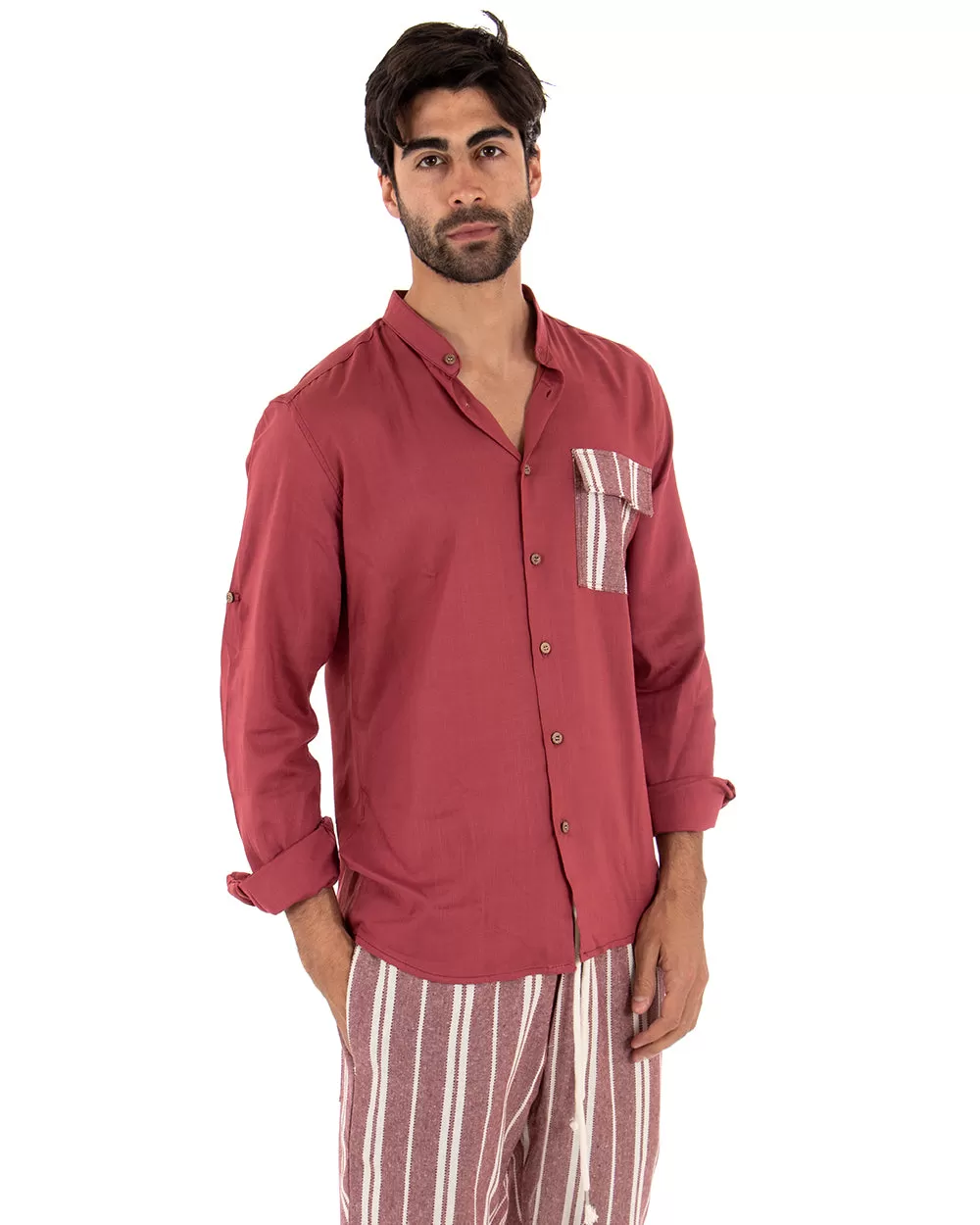 Camicia Uomo Collo Coreano Manica Lunga Regular Fit Viscosa Morbida Rosso GIOSAL-C2411A