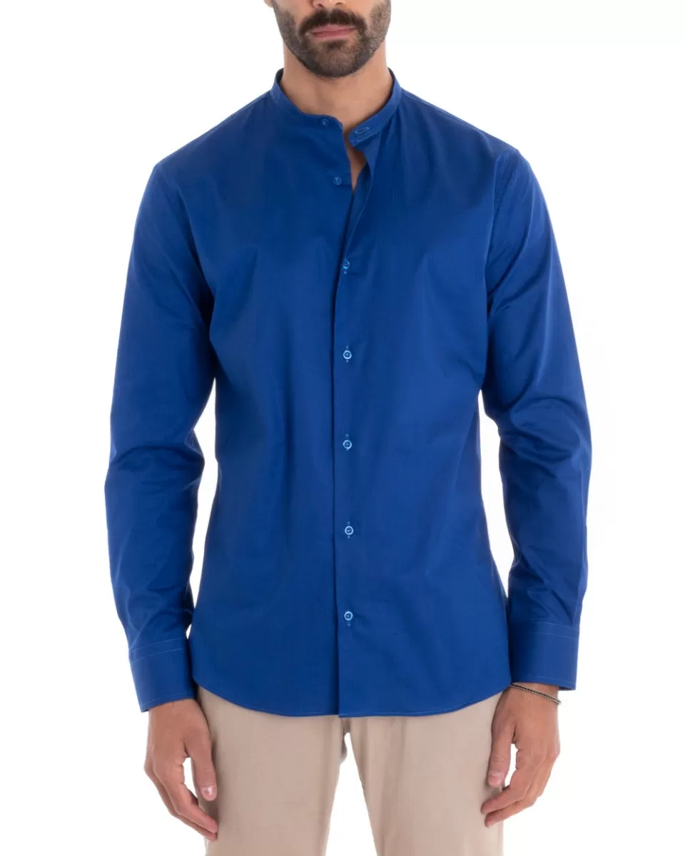 Camicia Uomo Sartoriale Collo Coreano Manica Lunga Basic Cotone Morbido Blu Royal Regular Fit GIOSAL-C2370A