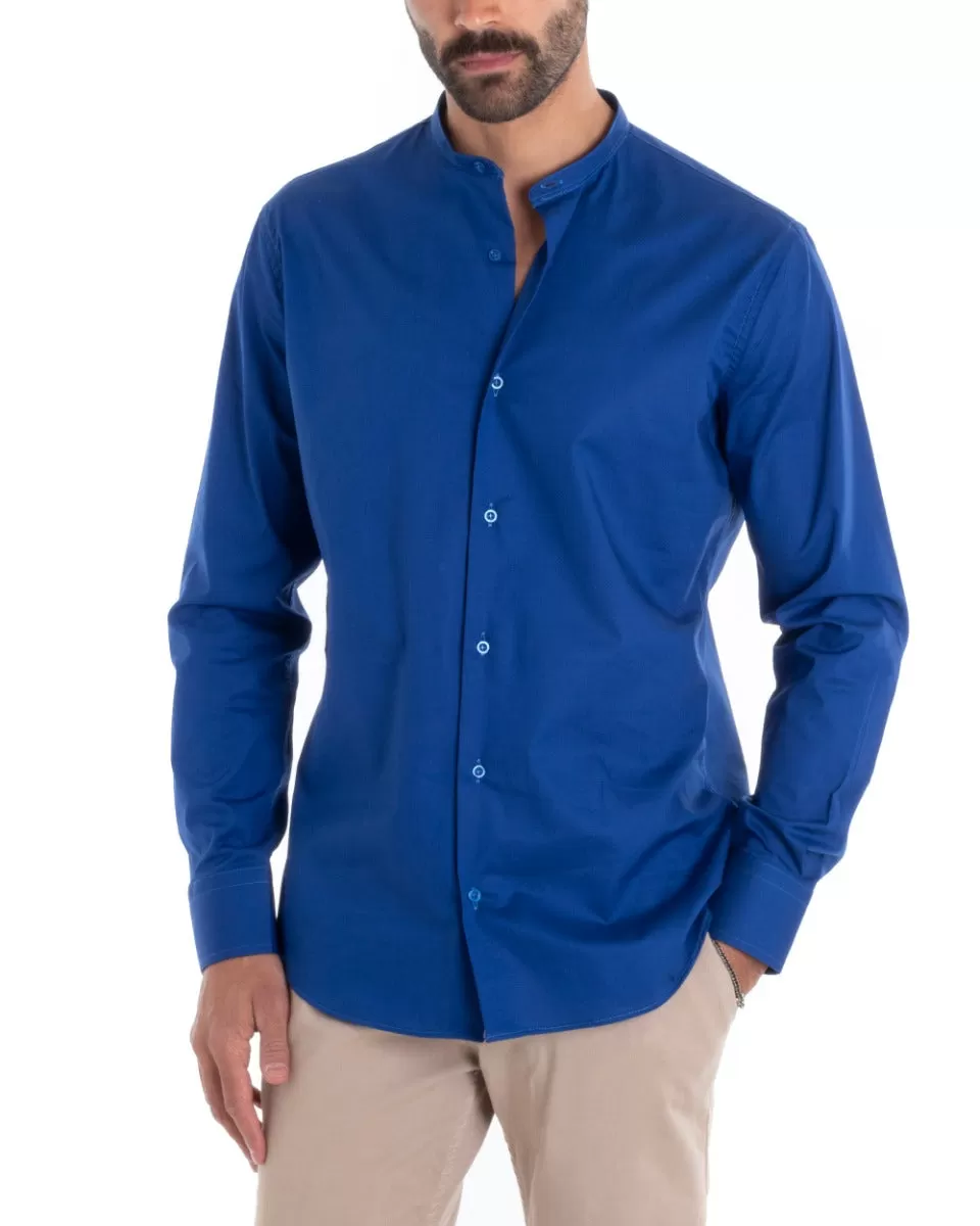 Camicia Uomo Sartoriale Collo Coreano Manica Lunga Basic Cotone Morbido Blu Royal Regular Fit GIOSAL-C2370A