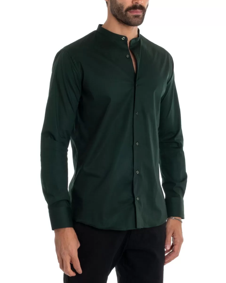 Camicia Uomo Sartoriale Collo Coreano Manica Lunga Basic Cotone Morbido Verde Bottiglia Regular Fit GIOSAL-C2378A