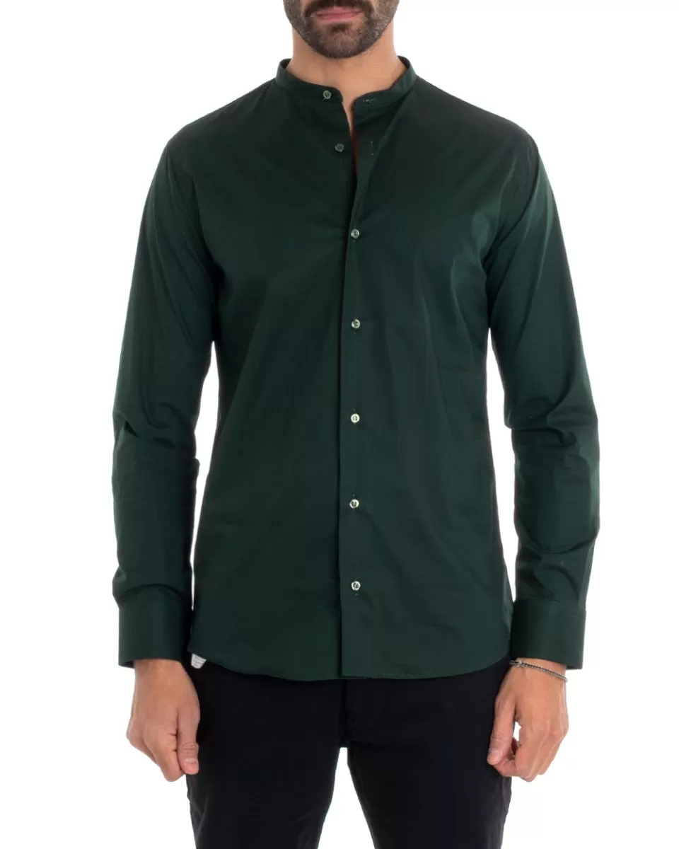 Camicia Uomo Sartoriale Collo Coreano Manica Lunga Basic Cotone Morbido Verde Bottiglia Regular Fit GIOSAL-C2378A