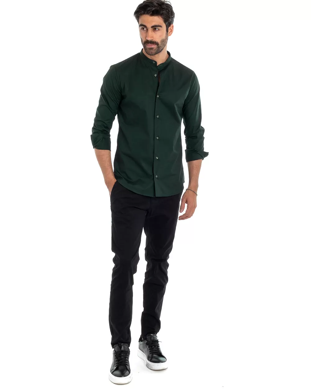 Camicia Uomo Sartoriale Collo Coreano Manica Lunga Basic Cotone Morbido Verde Bottiglia Regular Fit GIOSAL-C2378A