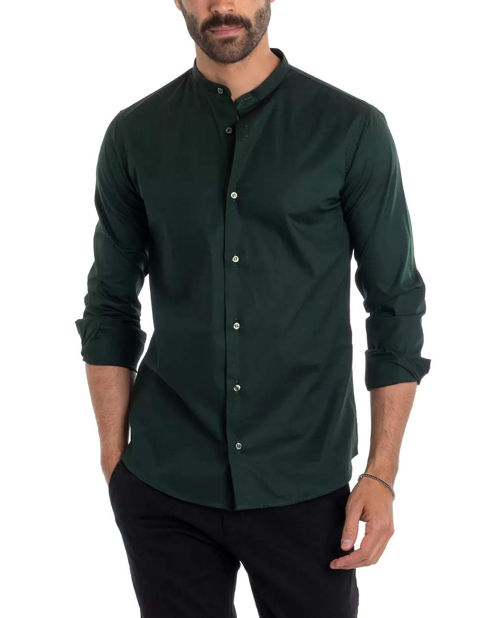 Camicia Uomo Sartoriale Collo Coreano Manica Lunga Basic Cotone Morbido Verde Bottiglia Regular Fit GIOSAL-C2378A