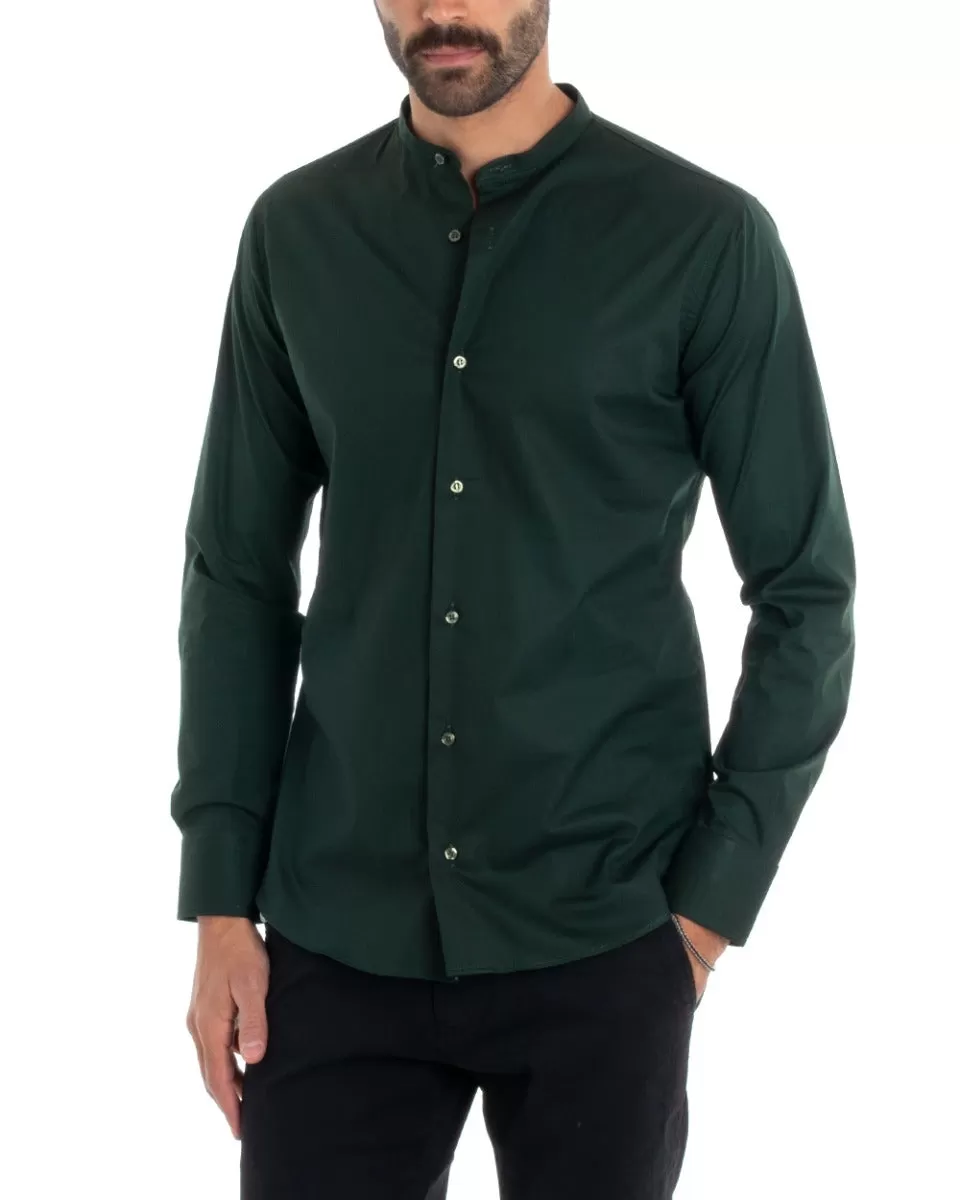 Camicia Uomo Sartoriale Collo Coreano Manica Lunga Basic Cotone Morbido Verde Bottiglia Regular Fit GIOSAL-C2378A