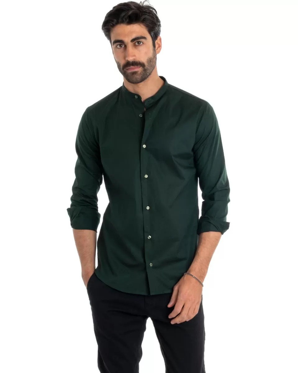 Camicia Uomo Sartoriale Collo Coreano Manica Lunga Basic Cotone Morbido Verde Bottiglia Regular Fit GIOSAL-C2378A