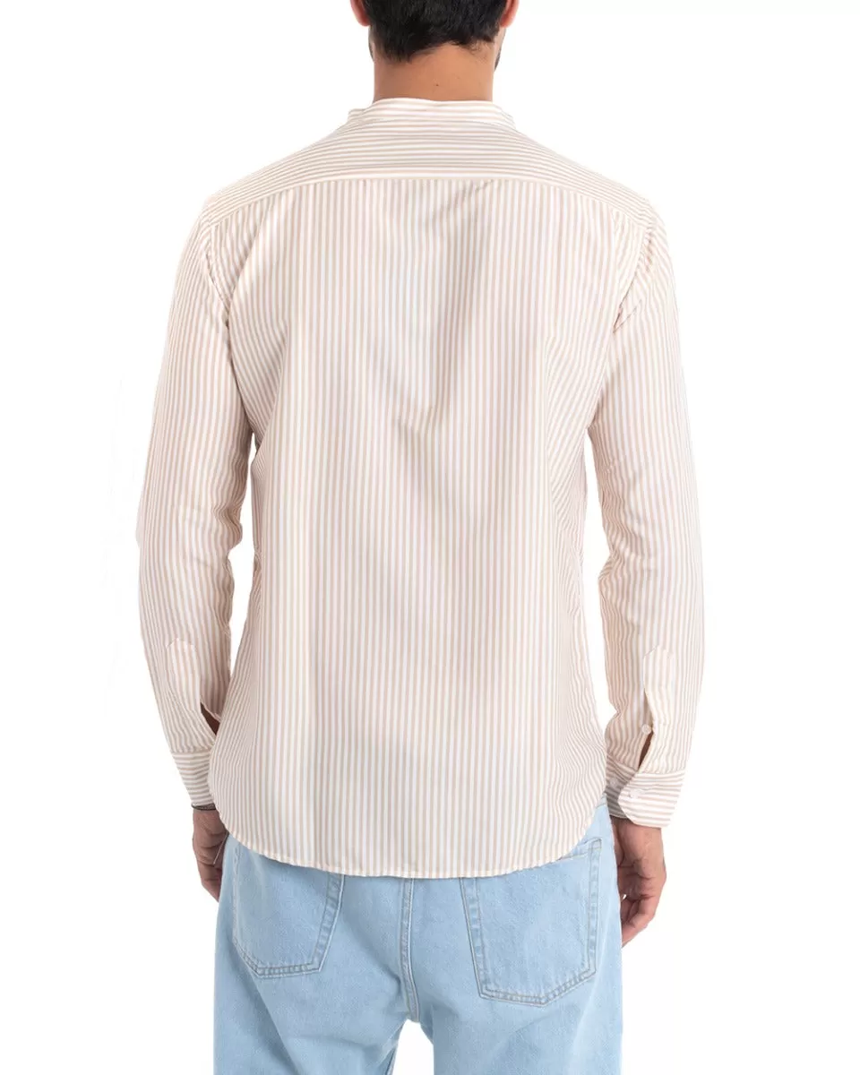 Camicia Uomo Viscosa Collo Coreano Manica Lunga Regular Fit Riga Stretta Beige GIOSAL-C2425A