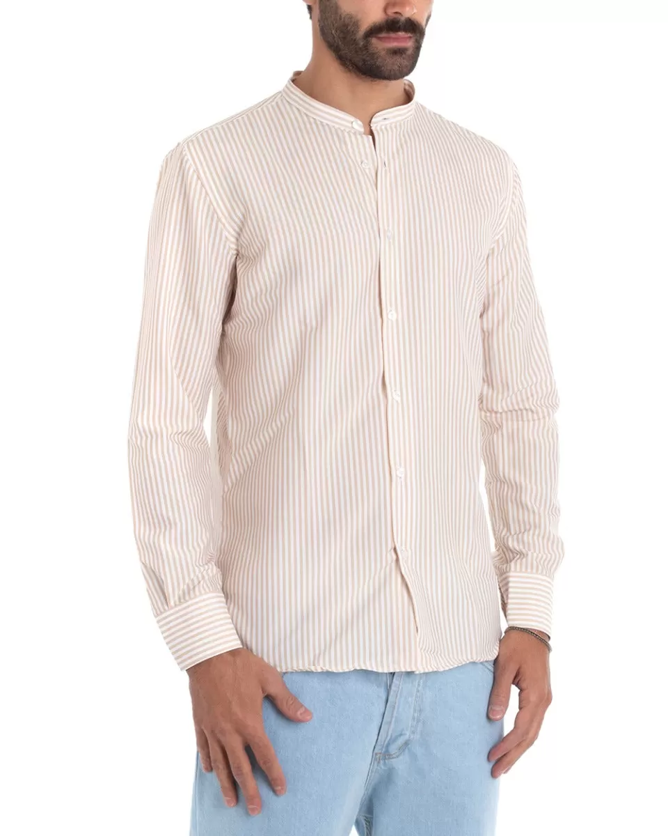 Camicia Uomo Viscosa Collo Coreano Manica Lunga Regular Fit Riga Stretta Beige GIOSAL-C2425A