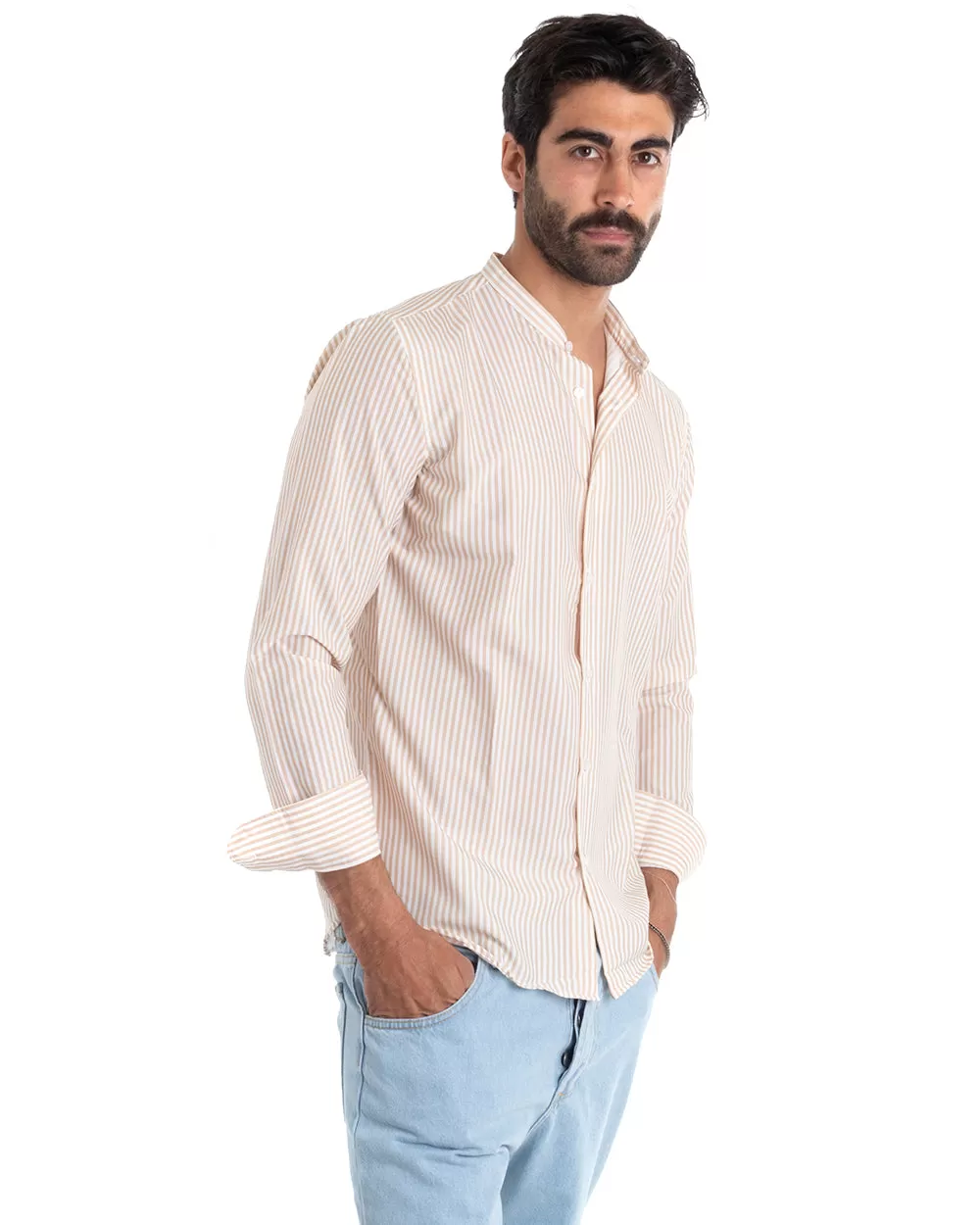 Camicia Uomo Viscosa Collo Coreano Manica Lunga Regular Fit Riga Stretta Beige GIOSAL-C2425A