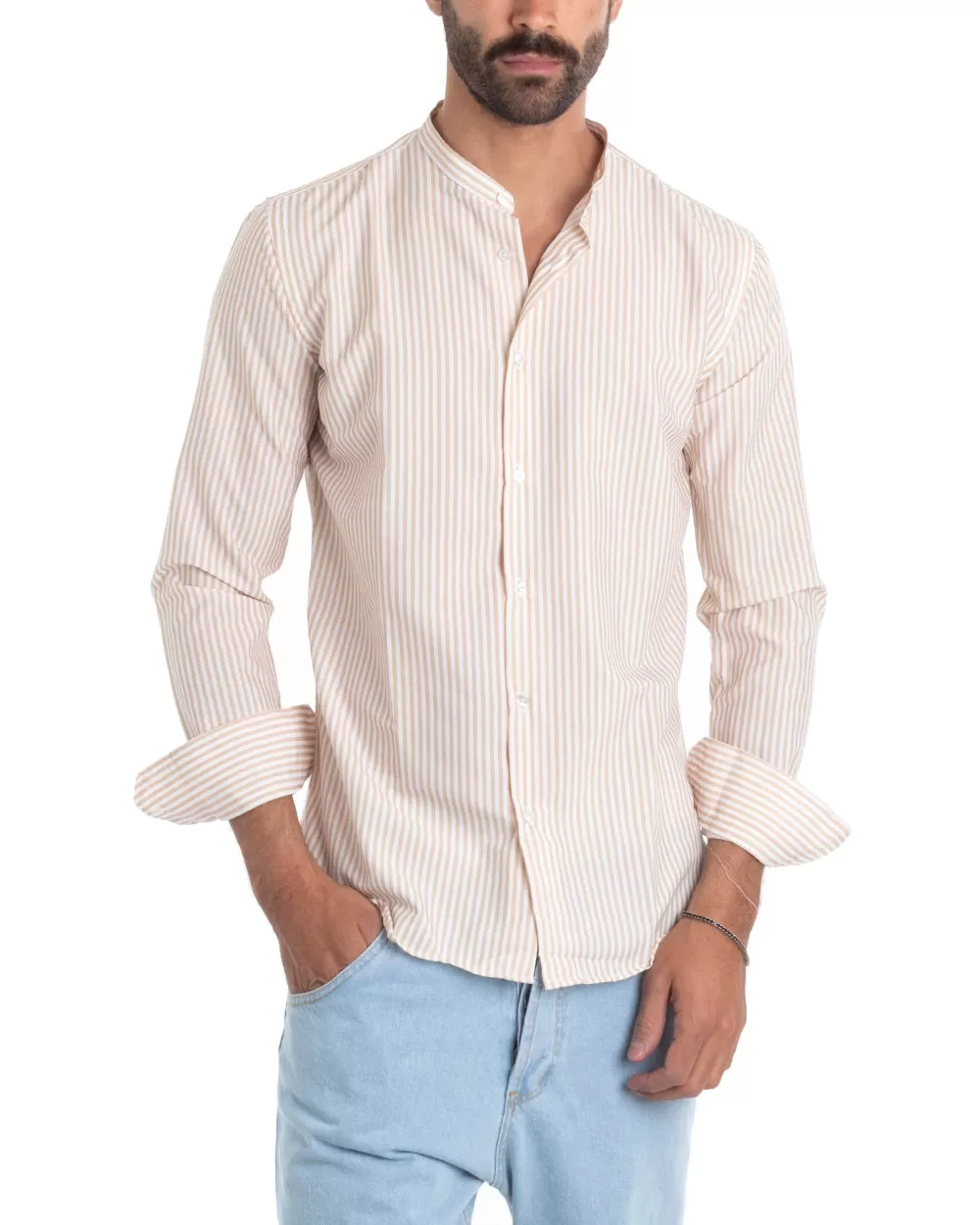 Camicia Uomo Viscosa Collo Coreano Manica Lunga Regular Fit Riga Stretta Beige GIOSAL-C2425A