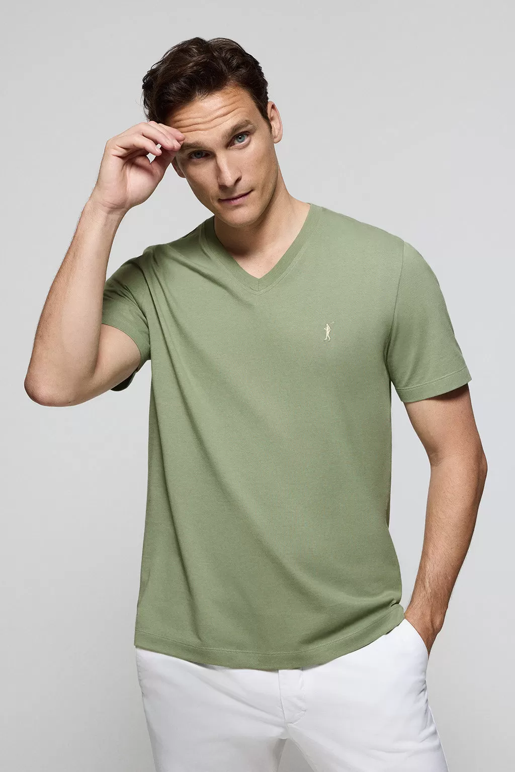 Camiseta verde jade de cuello de pico y manga corta con bordado Rigby Go