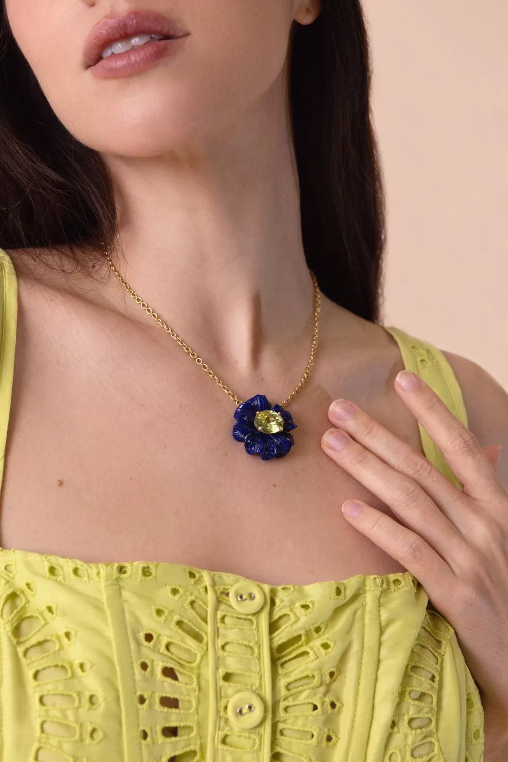 Carved Lapis Tropical Flower Necklace