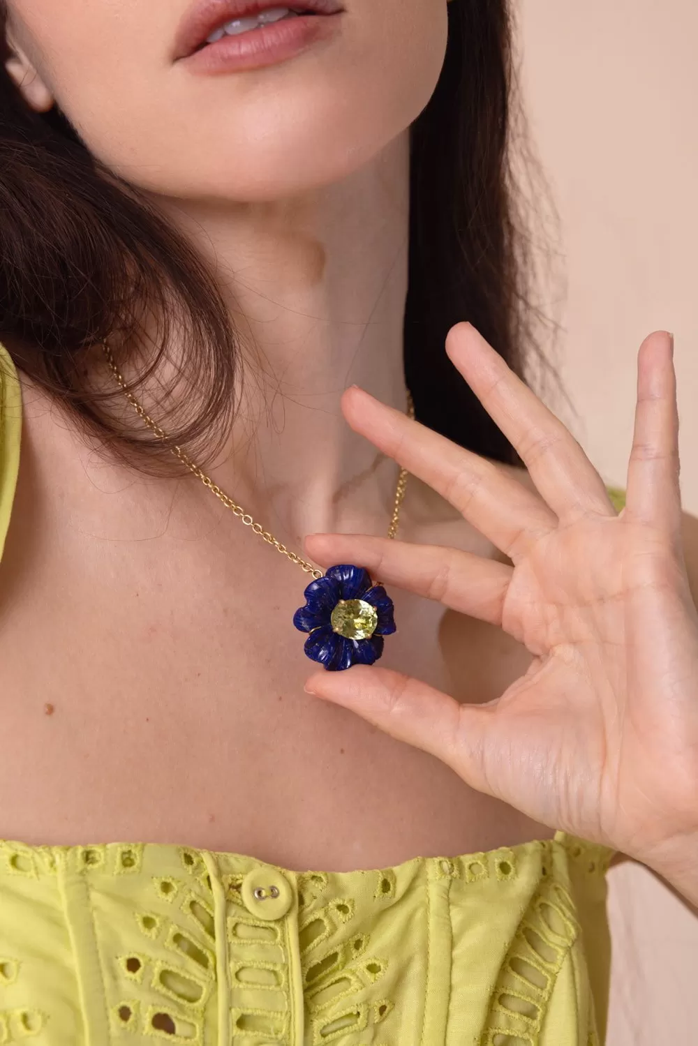 Carved Lapis Tropical Flower Necklace