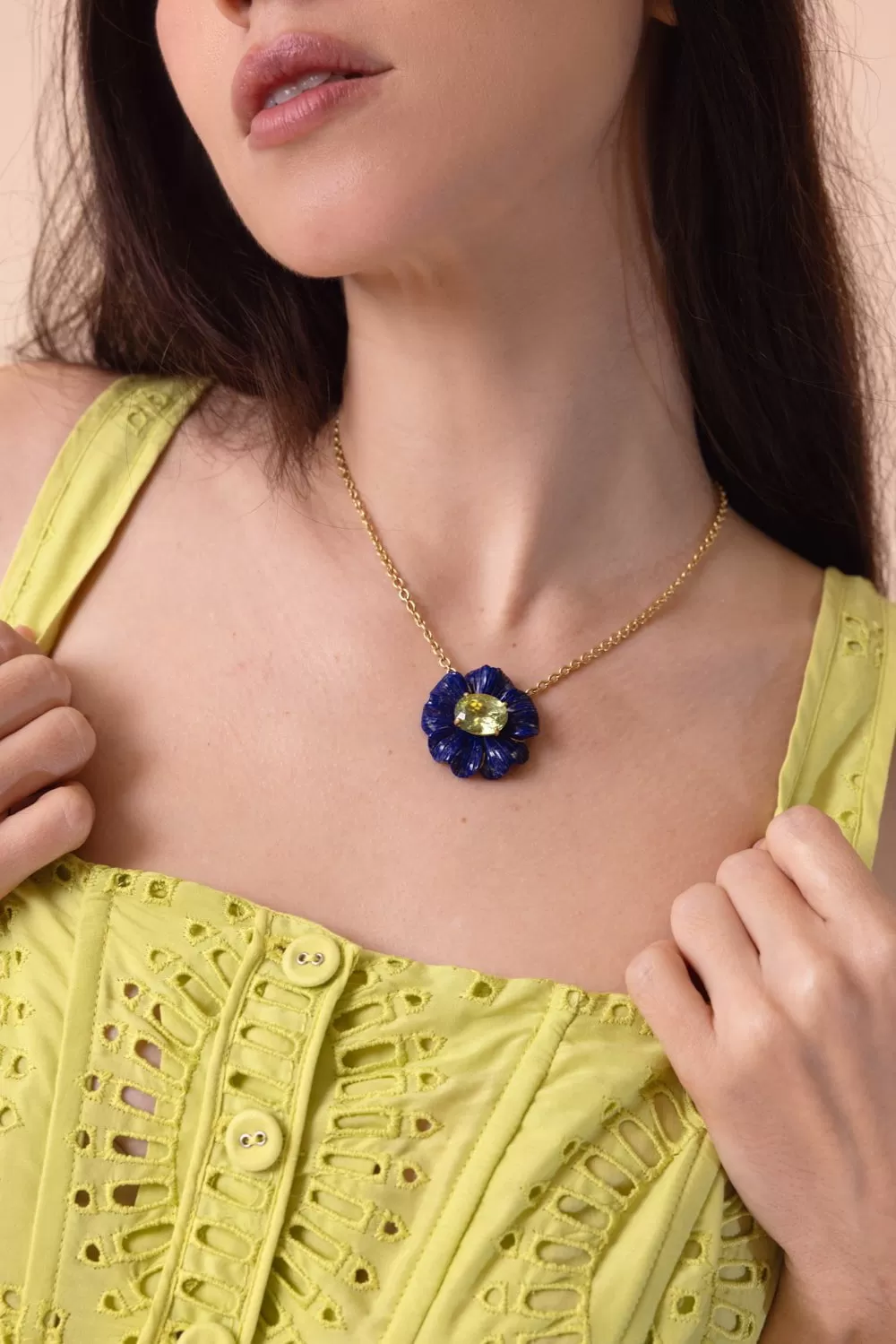 Carved Lapis Tropical Flower Necklace