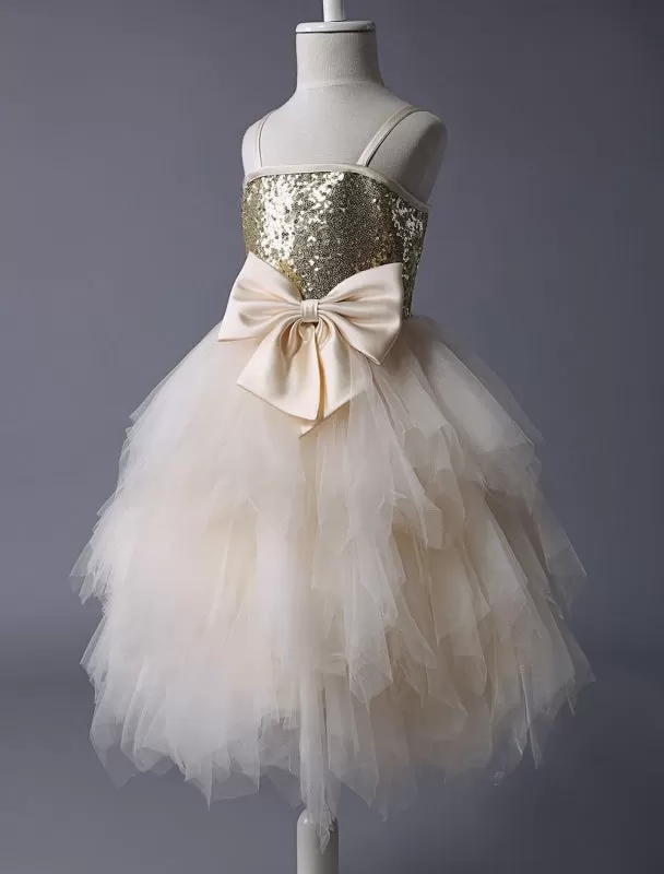 Champagne Tulle Ruffle Flower Girl Dress with Gold Sequins