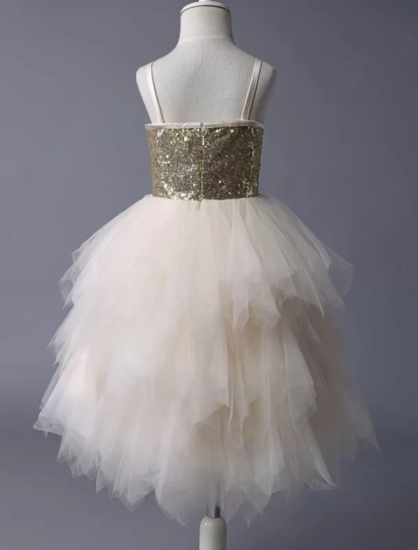 Champagne Tulle Ruffle Flower Girl Dress with Gold Sequins