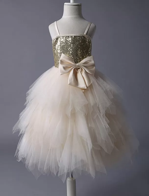 Champagne Tulle Ruffle Flower Girl Dress with Gold Sequins