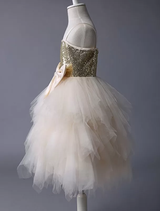 Champagne Tulle Ruffle Flower Girl Dress with Gold Sequins