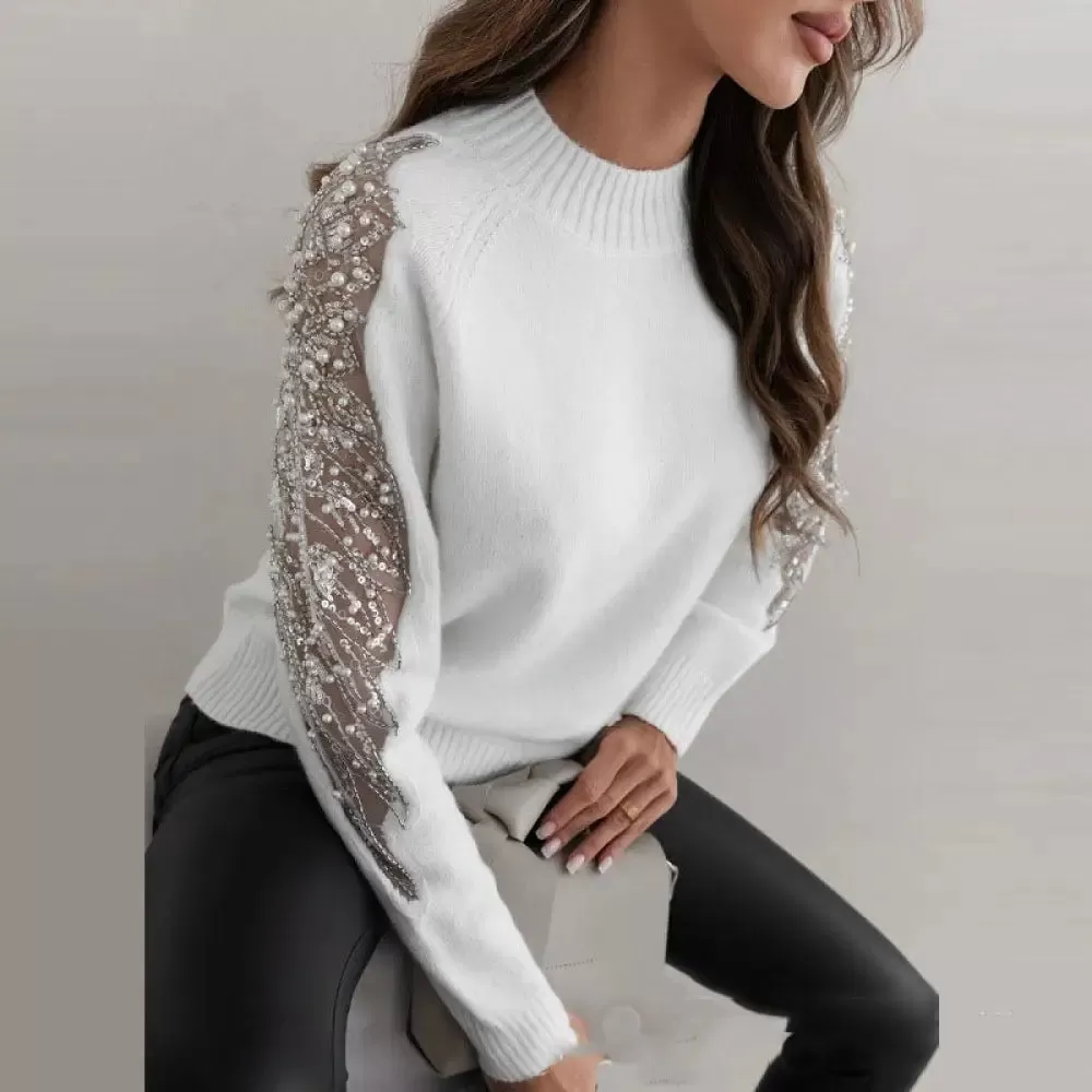 Chic Commute Top: Stylish Round Neck Stitching Woolen Pullover