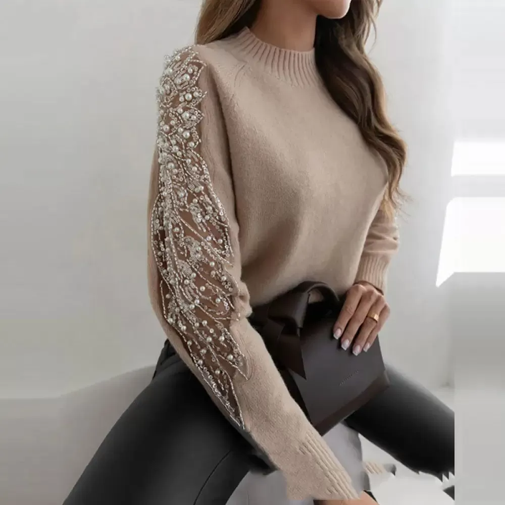 Chic Commute Top: Stylish Round Neck Stitching Woolen Pullover