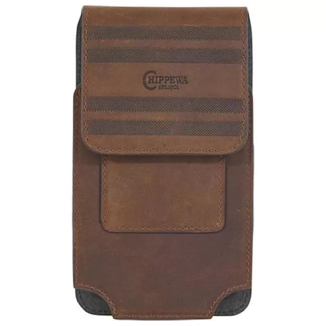 Chippewa Cell Phone Holder Case Leather Logo Embossed Stripe Brown