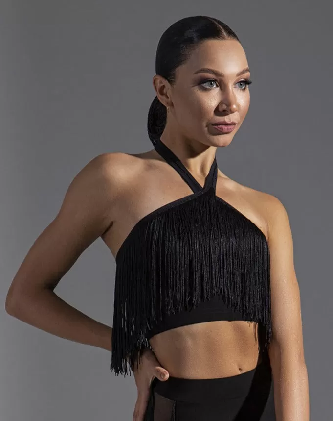 Crop Top Latin Practice Top with Fringe Accents and Halter Neckline PRA 597