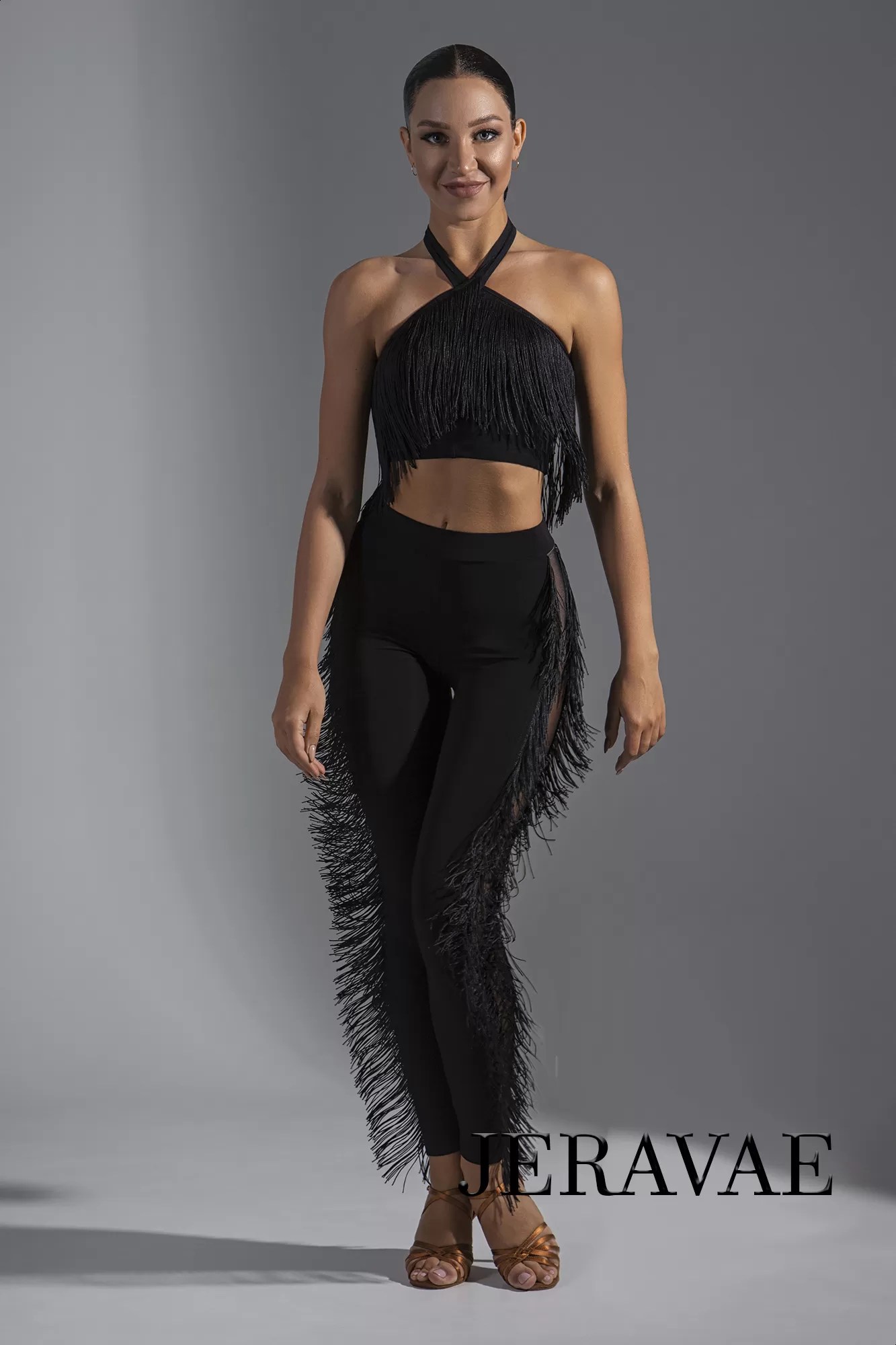 Crop Top Latin Practice Top with Fringe Accents and Halter Neckline PRA 597