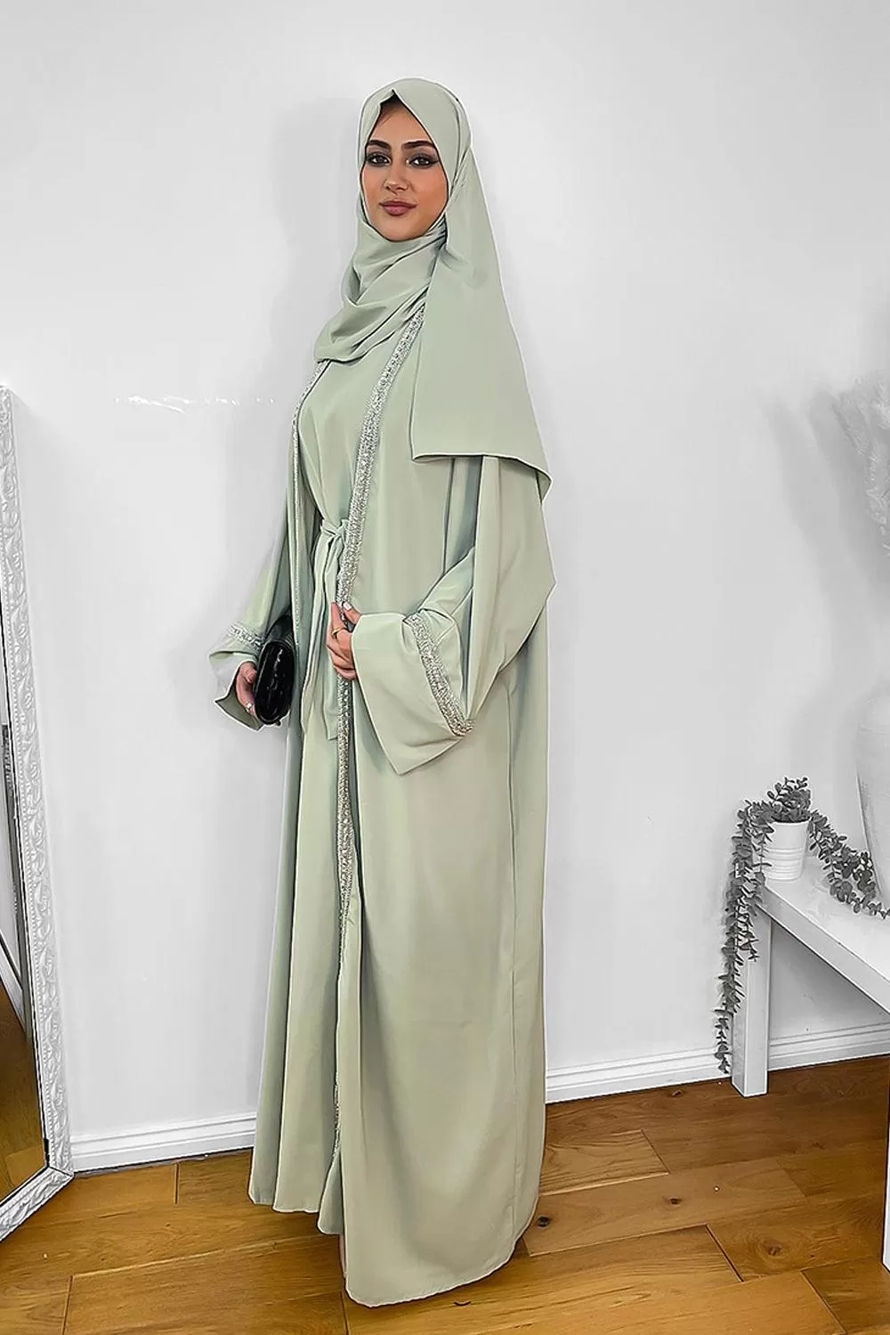 Crystals Embellished Trims Kaftan with Abaya and Hijab Modest Set