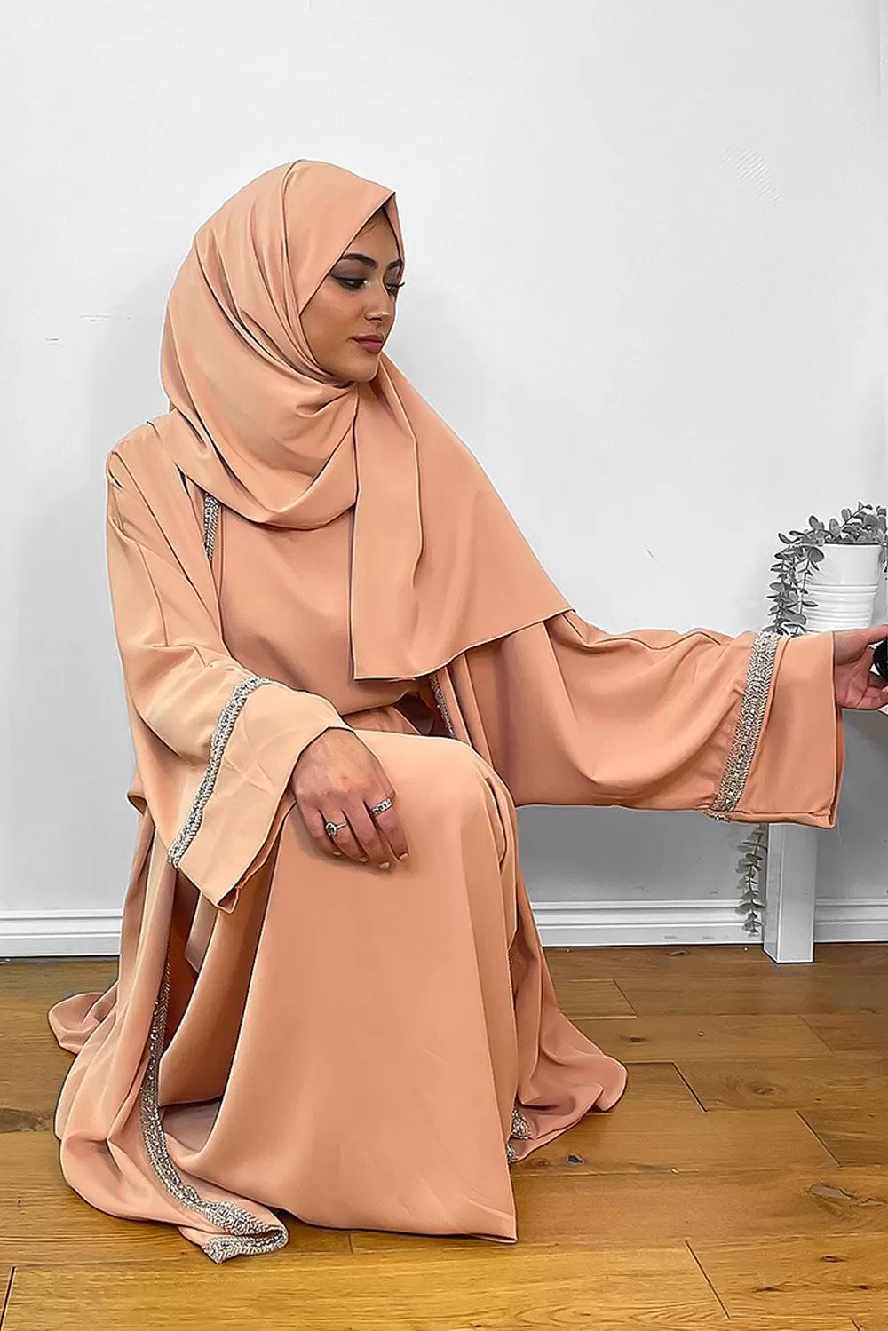 Crystals Embellished Trims Kaftan with Abaya and Hijab Modest Set